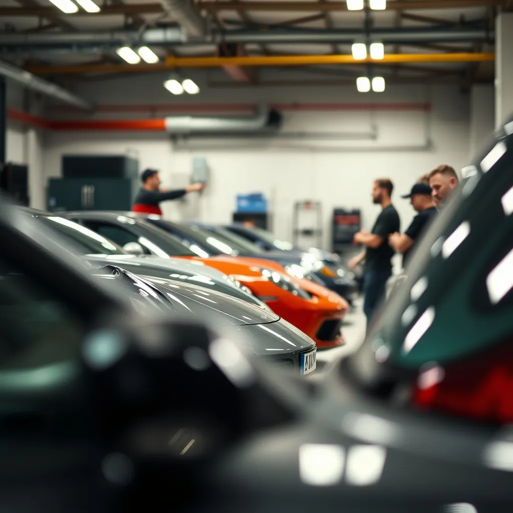 A group of car enthusiasts talking in a garage, blurred back