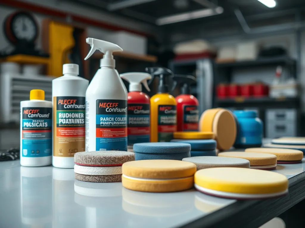 Close-up of professional car polishing compounds bottles and