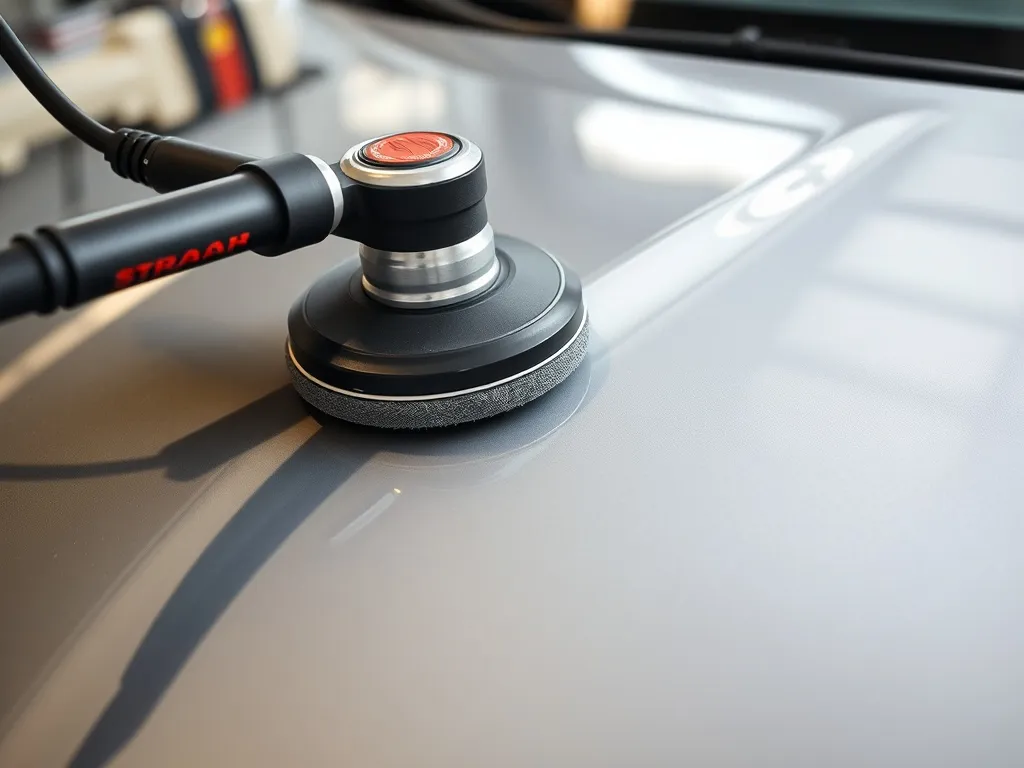 Close-up of a car hood with a professional polisher machine